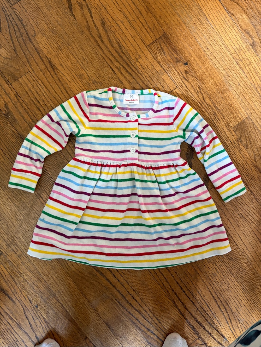 Hanna Andersson 3T Rainbow Striped Cotton Velour button long sleeve dress